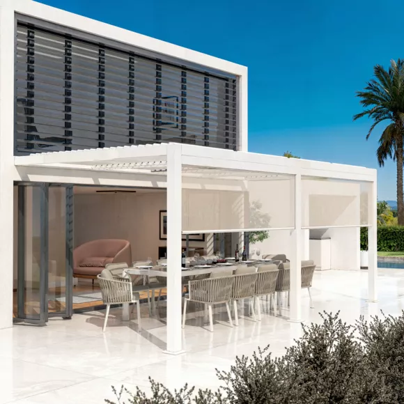 Eminza Pergola Bioclimatique Adossée Motorisée Aluminium Et LED (3 X 6 M) Blanc