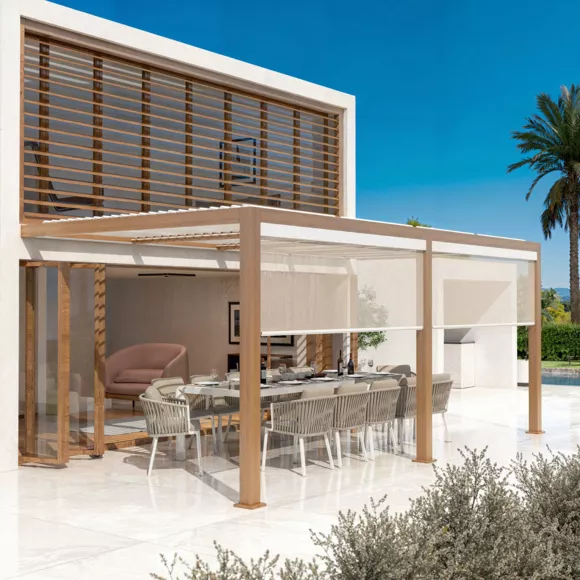 Eminza Pergola Bioclimatique Adossée Motorisée Aluminium Et LED (3 X 6 M) Bois