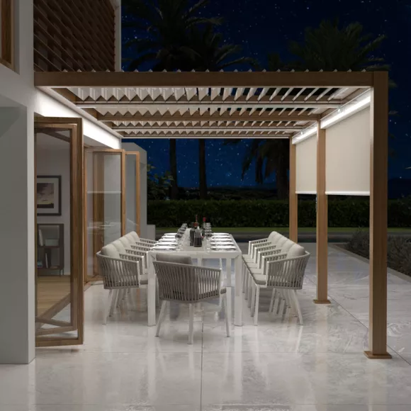 Eminza Pergola Bioclimatique Adossée Motorisée Aluminium Et LED (3 X 6 M) Bois