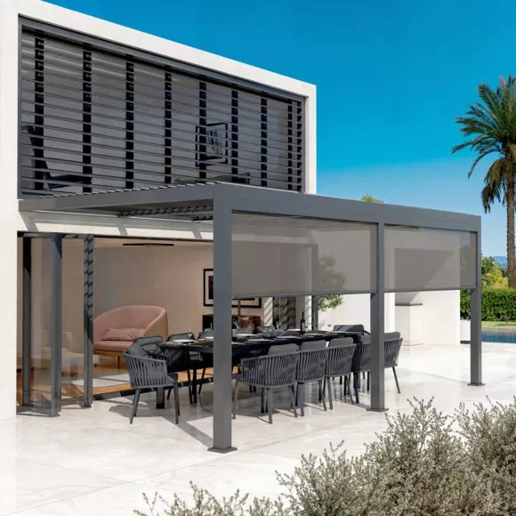 Eminza Pergola Bioclimatique Adossée Motorisée Aluminium Et LED (3 X 6 M) Gris Anthracite