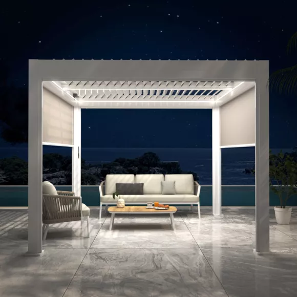 Eminza Pergola Bioclimatique Autoportée Motorisée Aluminium Et LED (3 X 3 M) Blanc