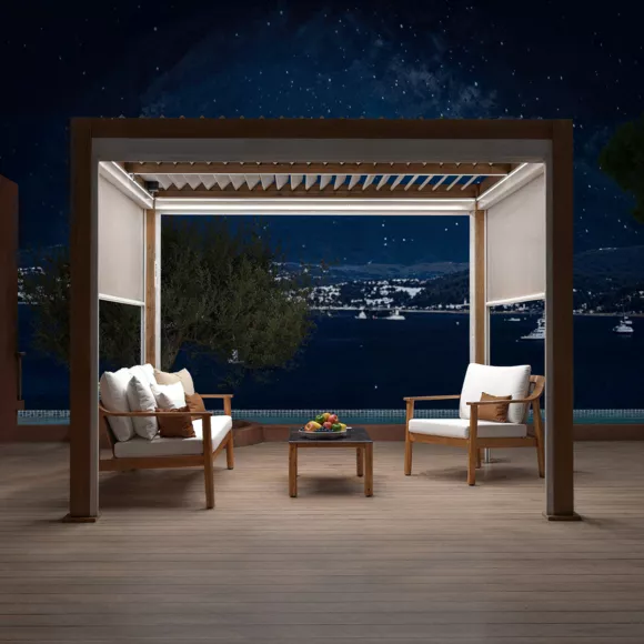 Eminza Pergola Bioclimatique Autoportée Motorisée Aluminium Et LED (3 X 3 M) Bois