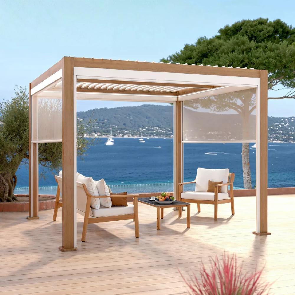 eminza Pergola bioclimatique Autoportée motorisée aluminium et LED (3 x 3 m) Bois