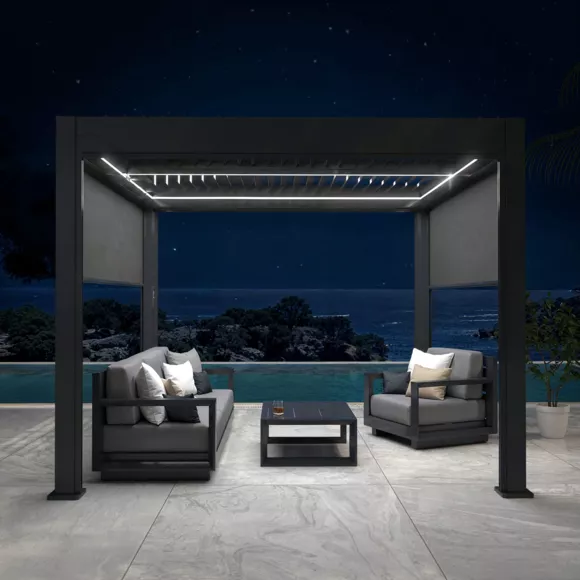Eminza Pergola Bioclimatique Autoportée Motorisée Aluminium Et LED (3 X 3 M) Gris Anthracite
