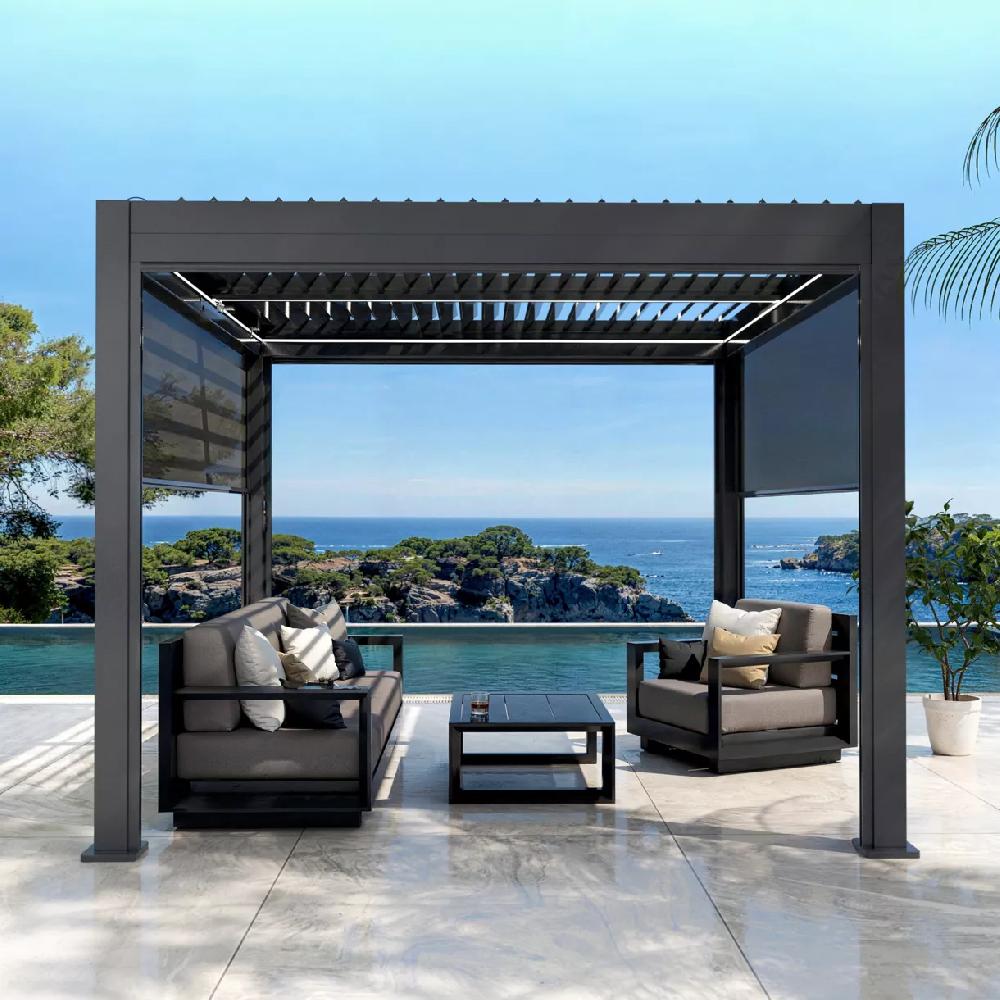 eminza Pergola bioclimatique Autoportée motorisée aluminium et LED (3 x 3 m) Gris anthracite