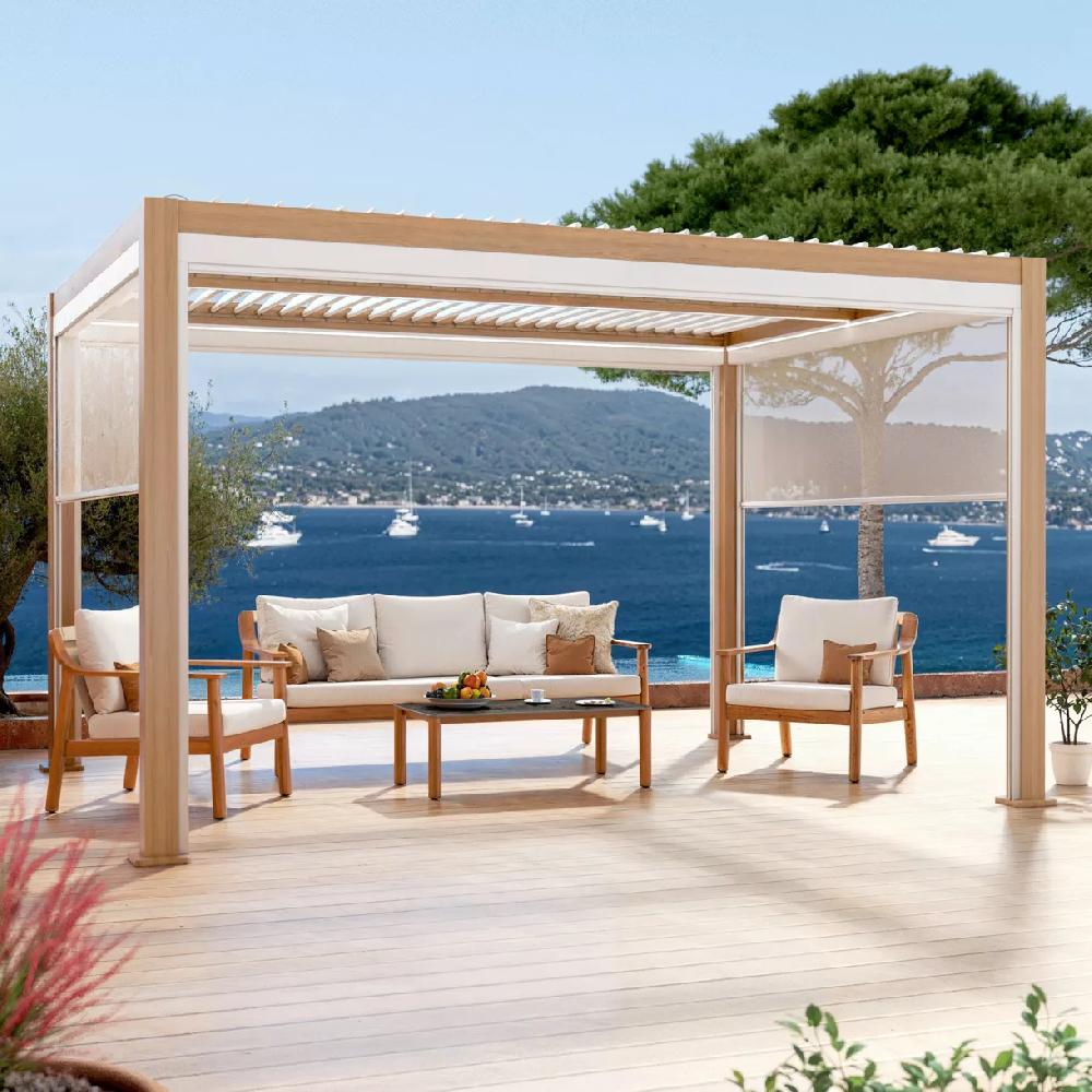 eminza Pergola bioclimatique Autoportée motorisée aluminium et LED (3 x 4 m) Bois