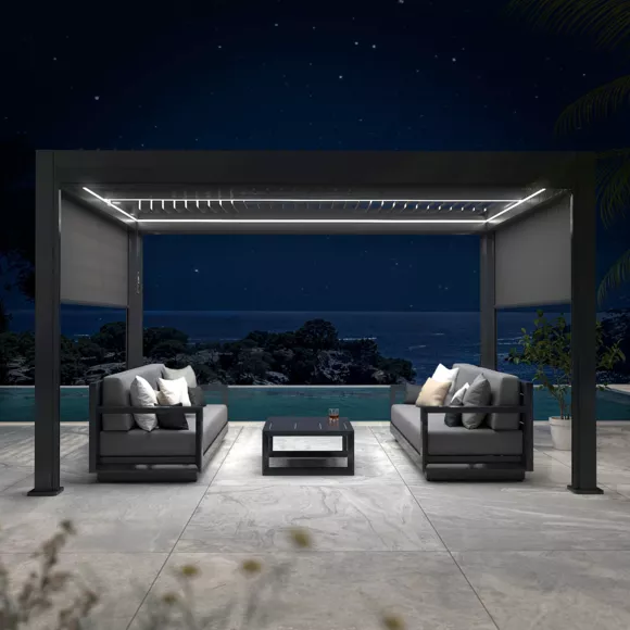 Eminza Pergola Bioclimatique Autoportée Motorisée Aluminium Et LED (3 X 4 M) Gris Anthracite