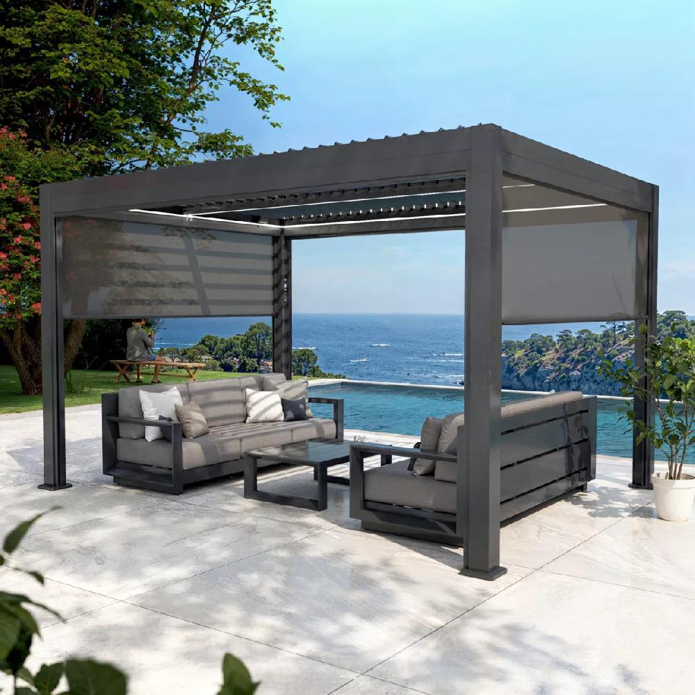 eminza Pergola bioclimatique Autoportée motorisée aluminium et LED (3 x 4 m) Gris anthracite