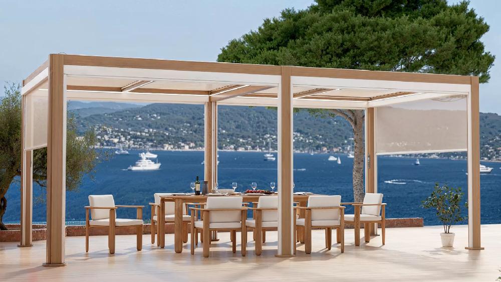 eminza Pergola bioclimatique Autoportée motorisée aluminium et LED (3 x 6 m) Bois