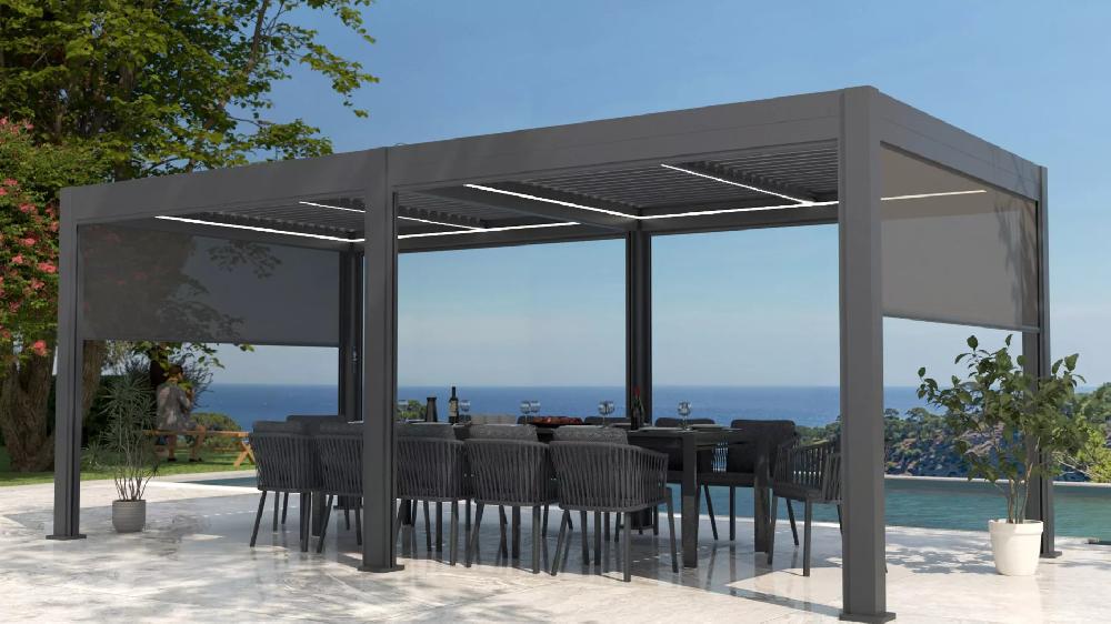 eminza Pergola bioclimatique Autoportée motorisée aluminium et LED (3 x 6 m) Gris anthracite