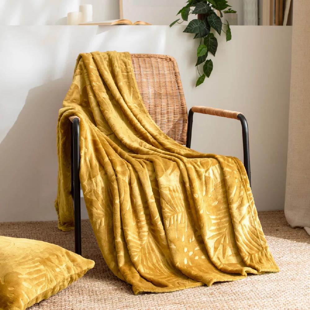 eminza Plaid doux flanelle (130 x 180 cm) Flore Jaune moutarde