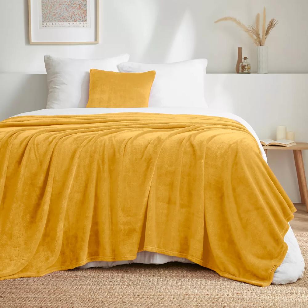 eminza Plaid doux flanelle (220 x 240 cm) Didou Jaune moutarde