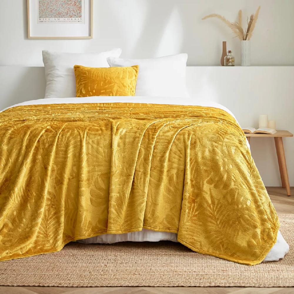 eminza Plaid doux flanelle (220 x 240 cm) Flore Jaune moutarde