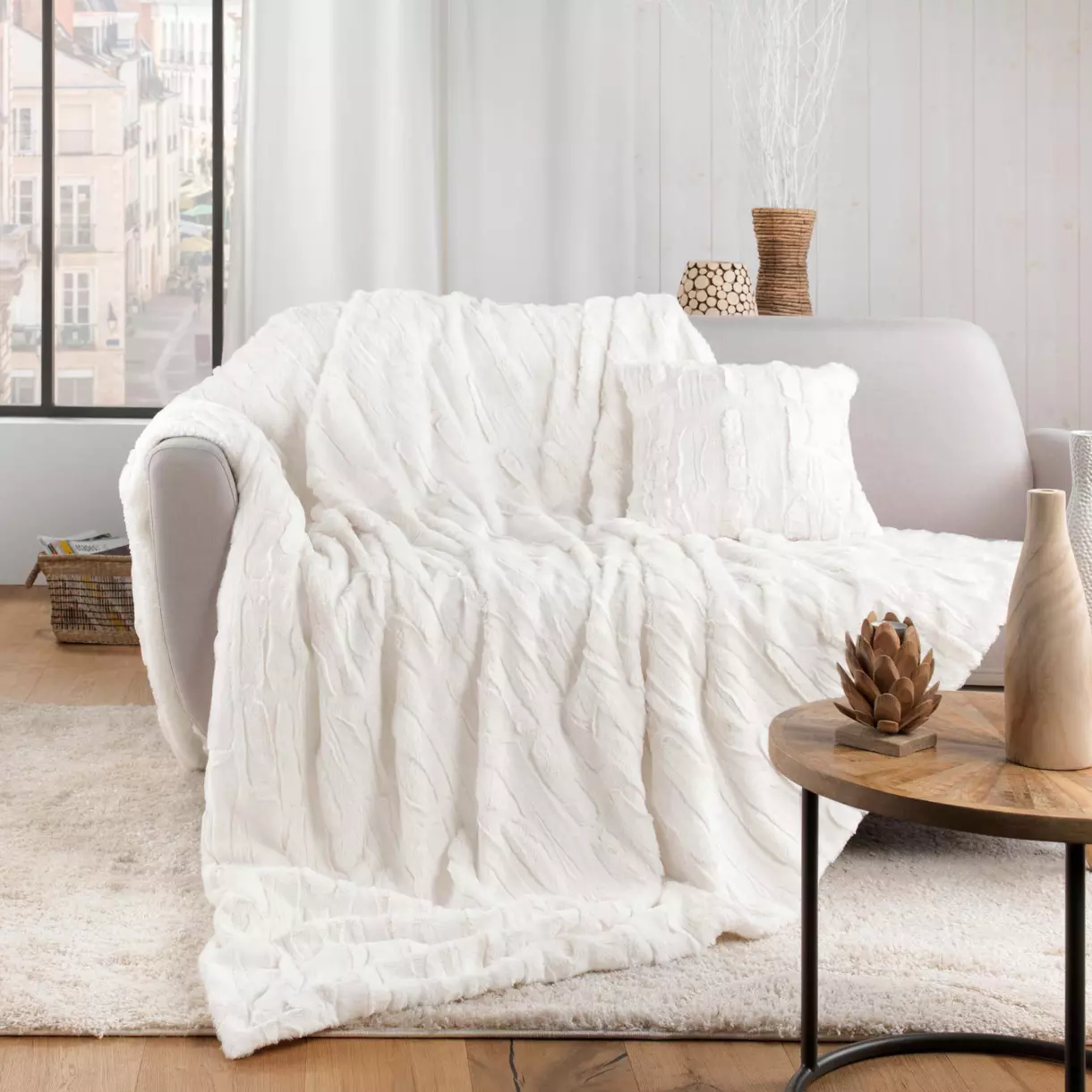 eminza Plaid fausse fourrure (125 x 150 cm) Foxy Ecru