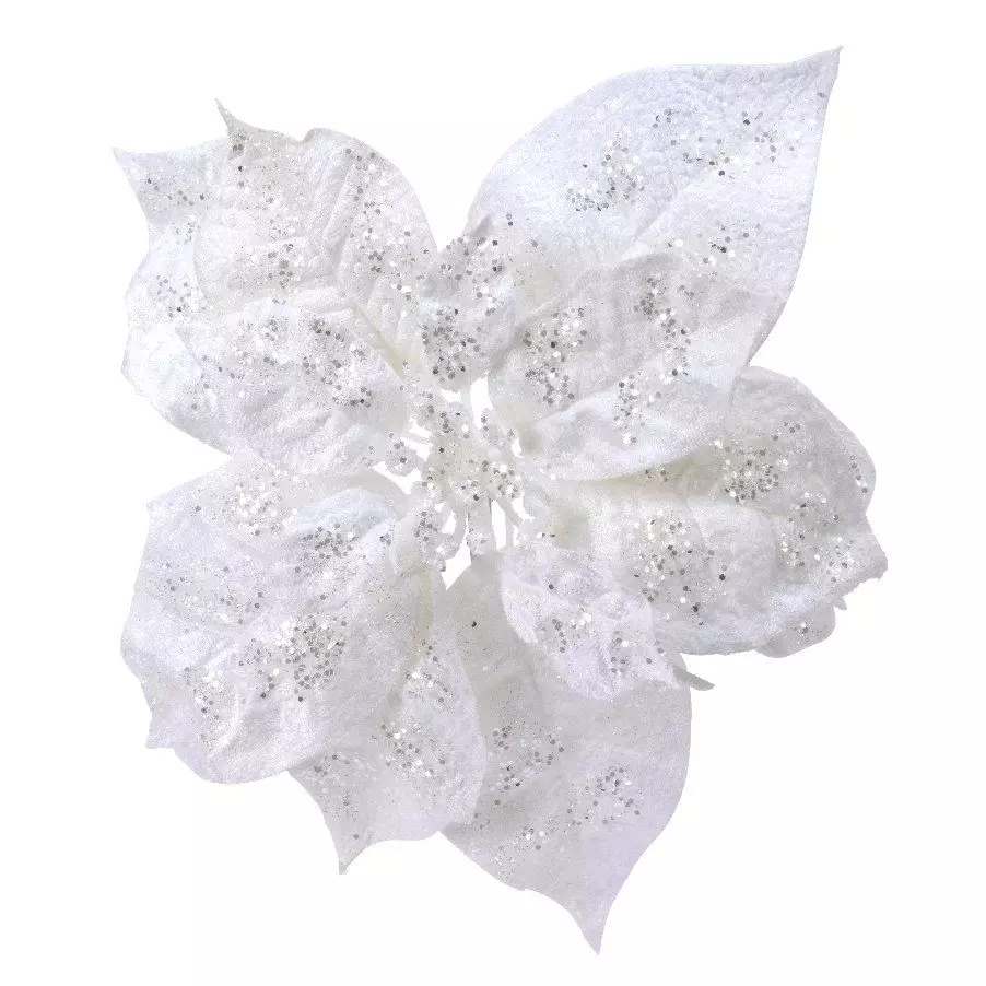 eminza Poinsettia de Noël pailletée sur clip (D16 cm) Glit Blanc