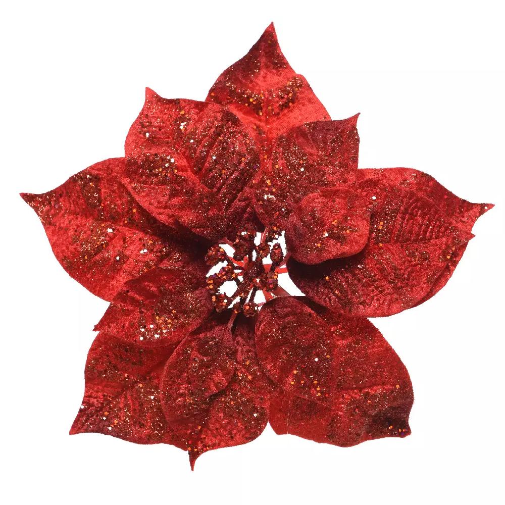 eminza Poinsettia de Noël pailletée sur clip (D26 cm) Glit Rouge