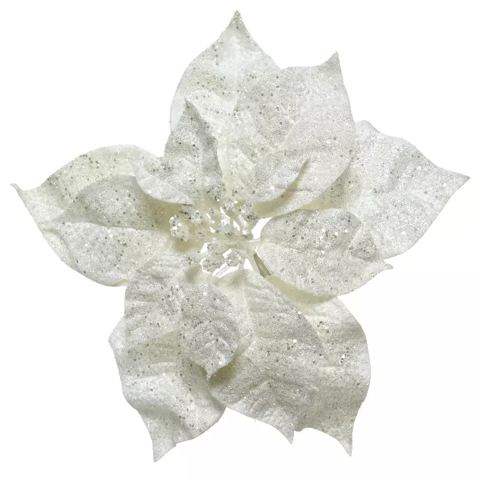 eminza Poinsettia de Noël pailletée sur clip (D26 cm) Glit Blanc