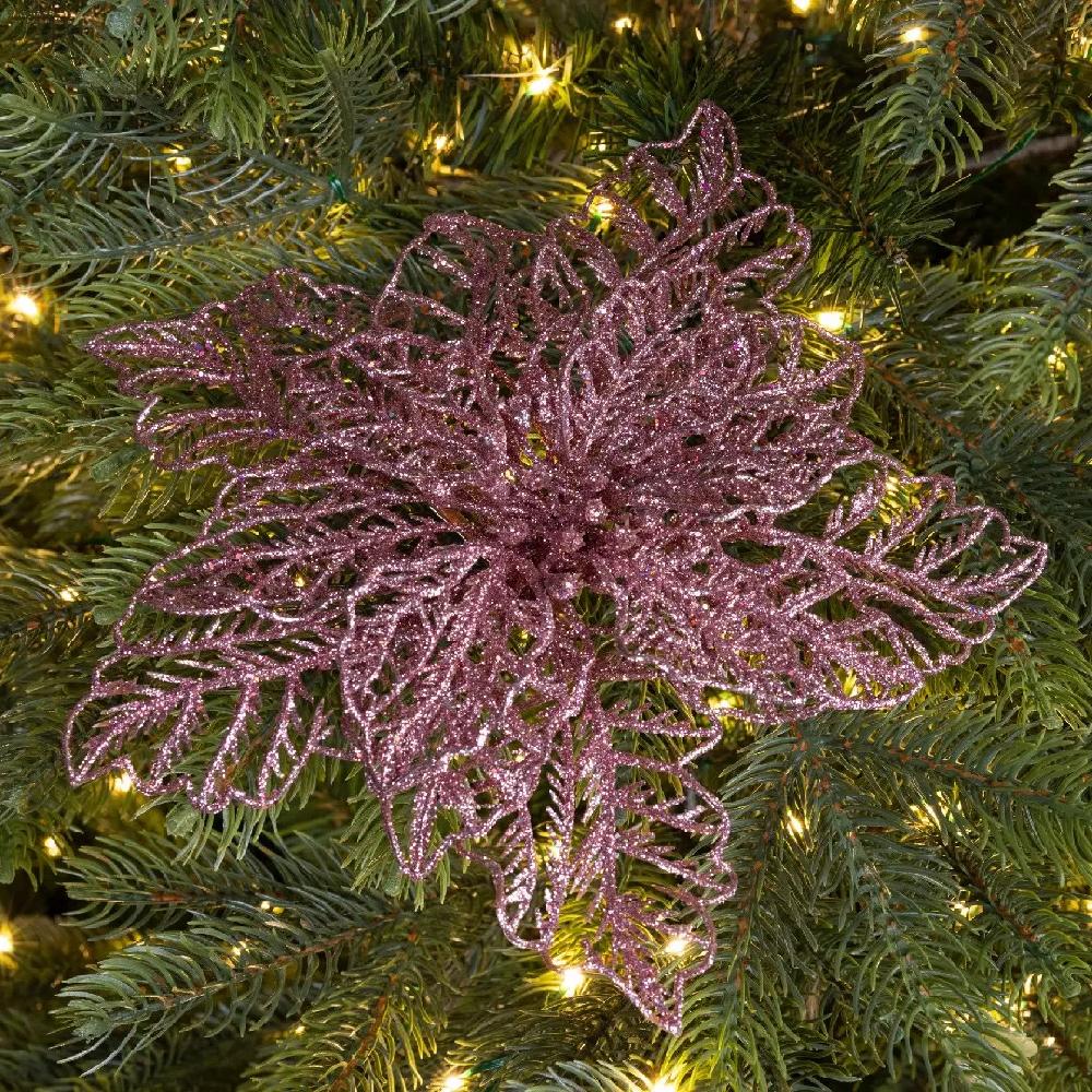 eminza Poinsettia de Noël paillettes sur clip (D23 cm) Rose poudré