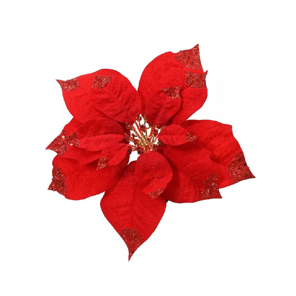 eminza Poinsettia de Noël sur clip (D25 cm) Velours scintillant Rouge
