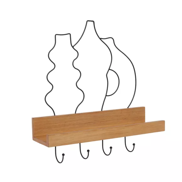 Eminza Porte-clé Mural Avec étagère En Bois (42 Cm) Design Noir Et Naturel