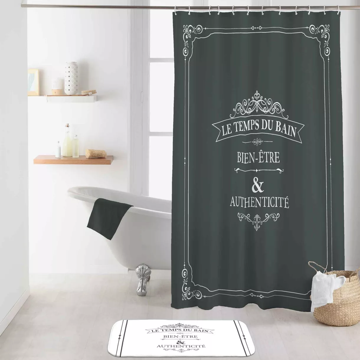 eminza Rideau de douche à anneaux (180 x 200 cm) Vintage Gris