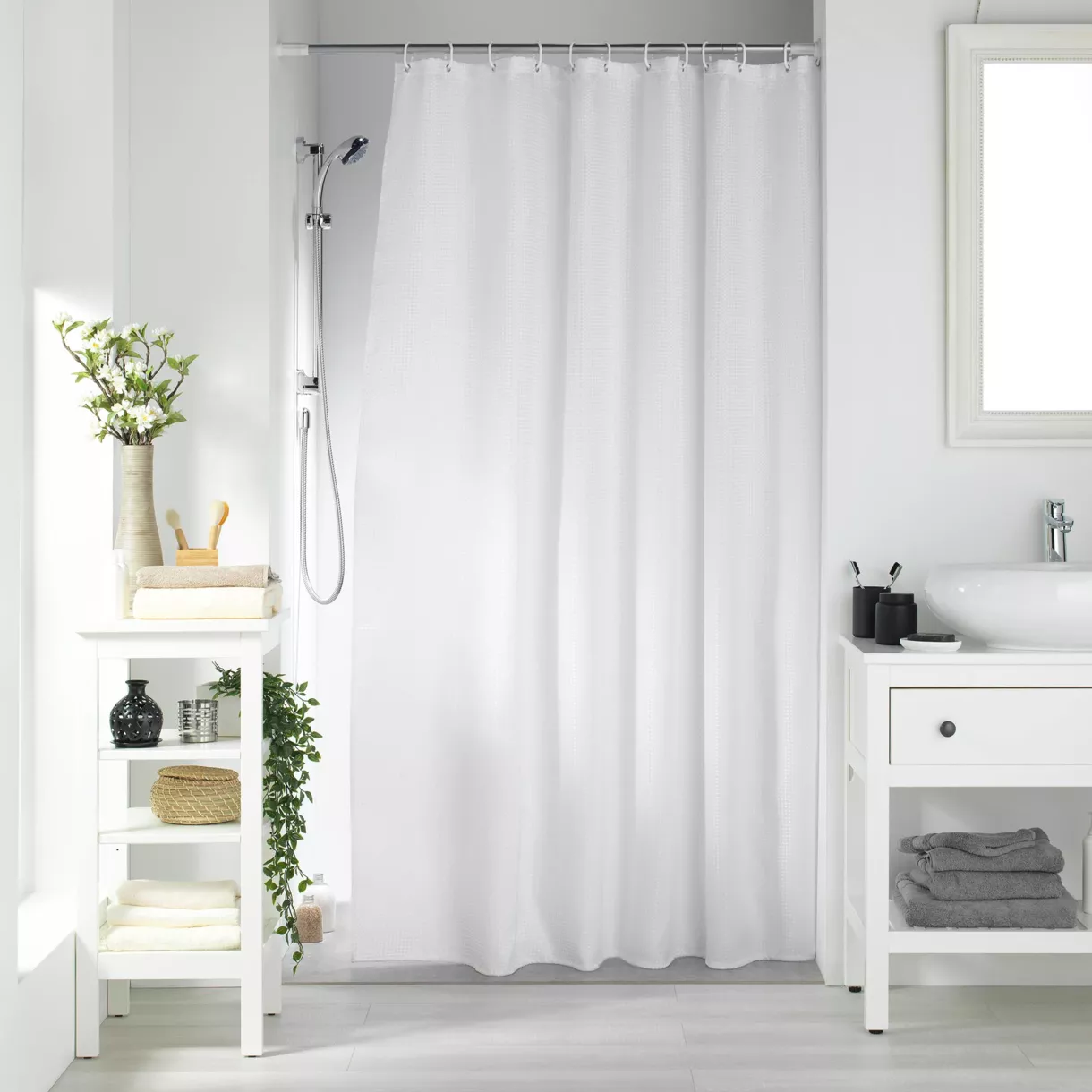 eminza Rideau de douche effet tissé à anneaux (180 x 200 cm) Quartz Blanc