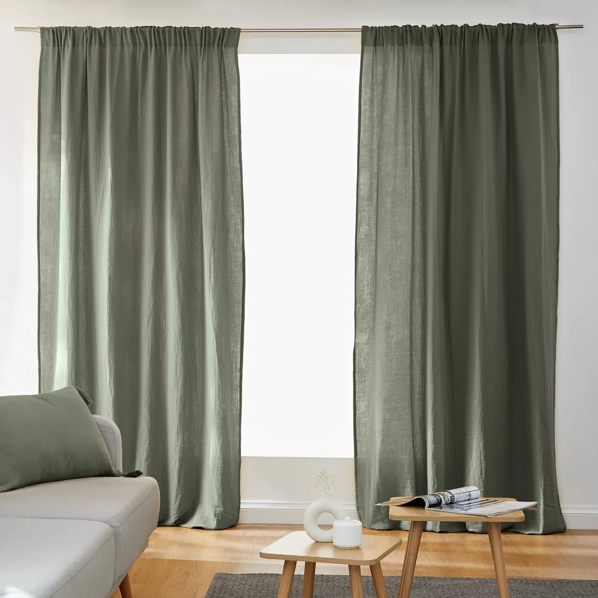 eminza Rideau gaze de coton galon fronceur (140 x 240 cm) Gaïa Vert romarin