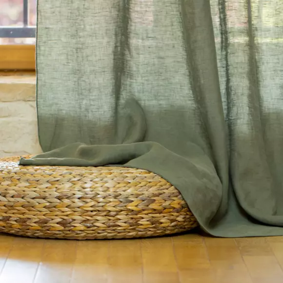 Eminza Rideau Lin Lavé Ajustable (140 X Max 270 Cm) Louise Vert Romarin