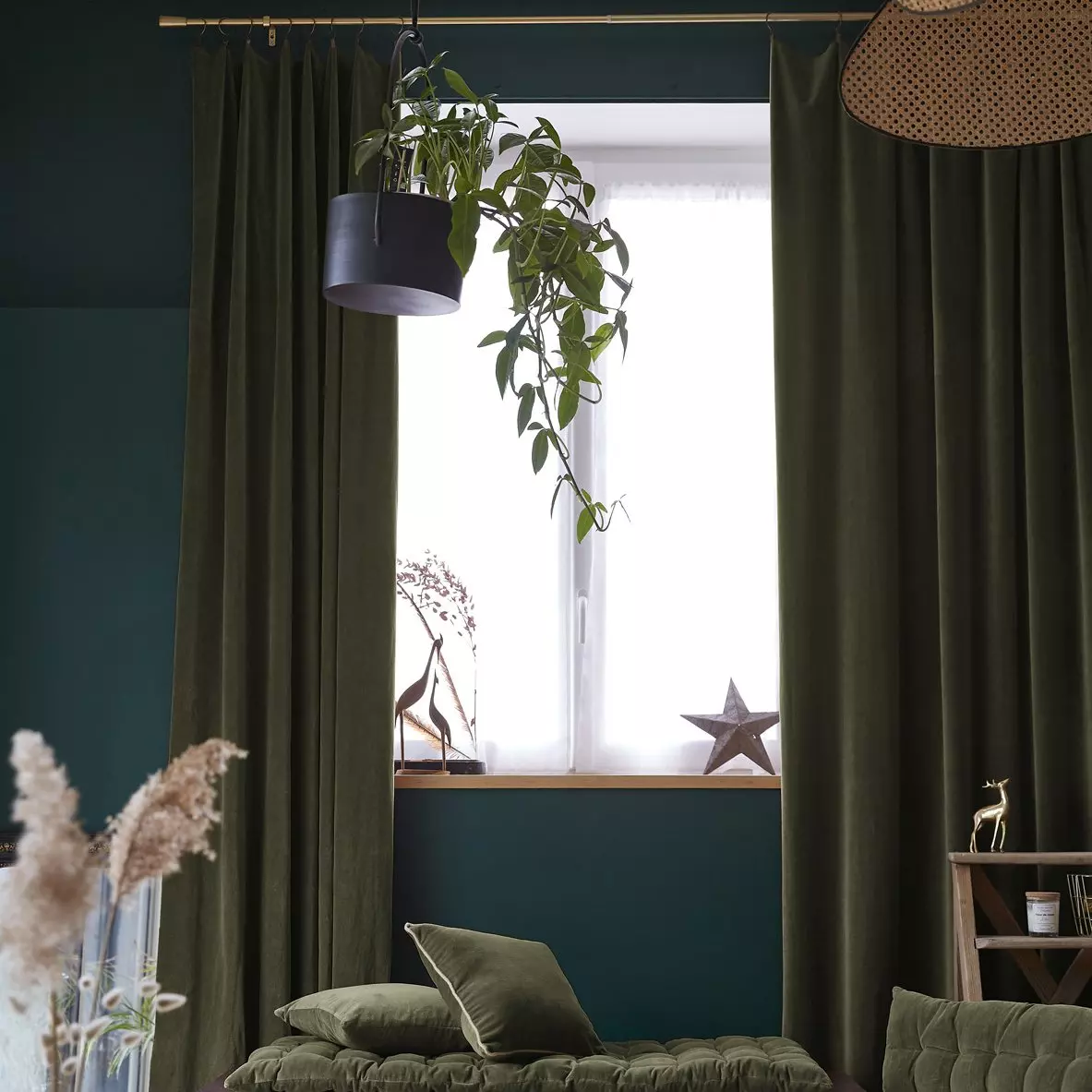 eminza Rideau velours de coton ajustable (140 x max 270 cm) César Vert thym