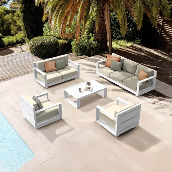 Eminza Salon De Jardin Aluminium 7 Places 5 Pcs Elba Blanc Et Beige