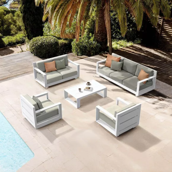 Eminza Salon De Jardin Aluminium 7 Places 5 Pcs Elba Blanc Et Taupe