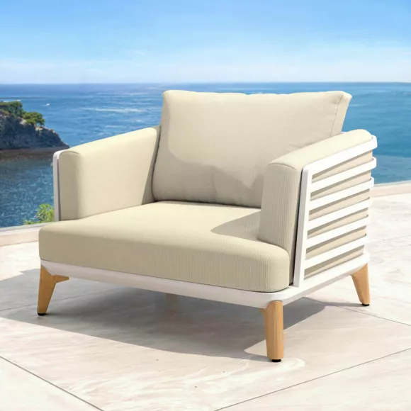 Eminza Salon De Jardin Aluminium 7 Places 6 Pcs Monte Carlo Blanc Et Beige