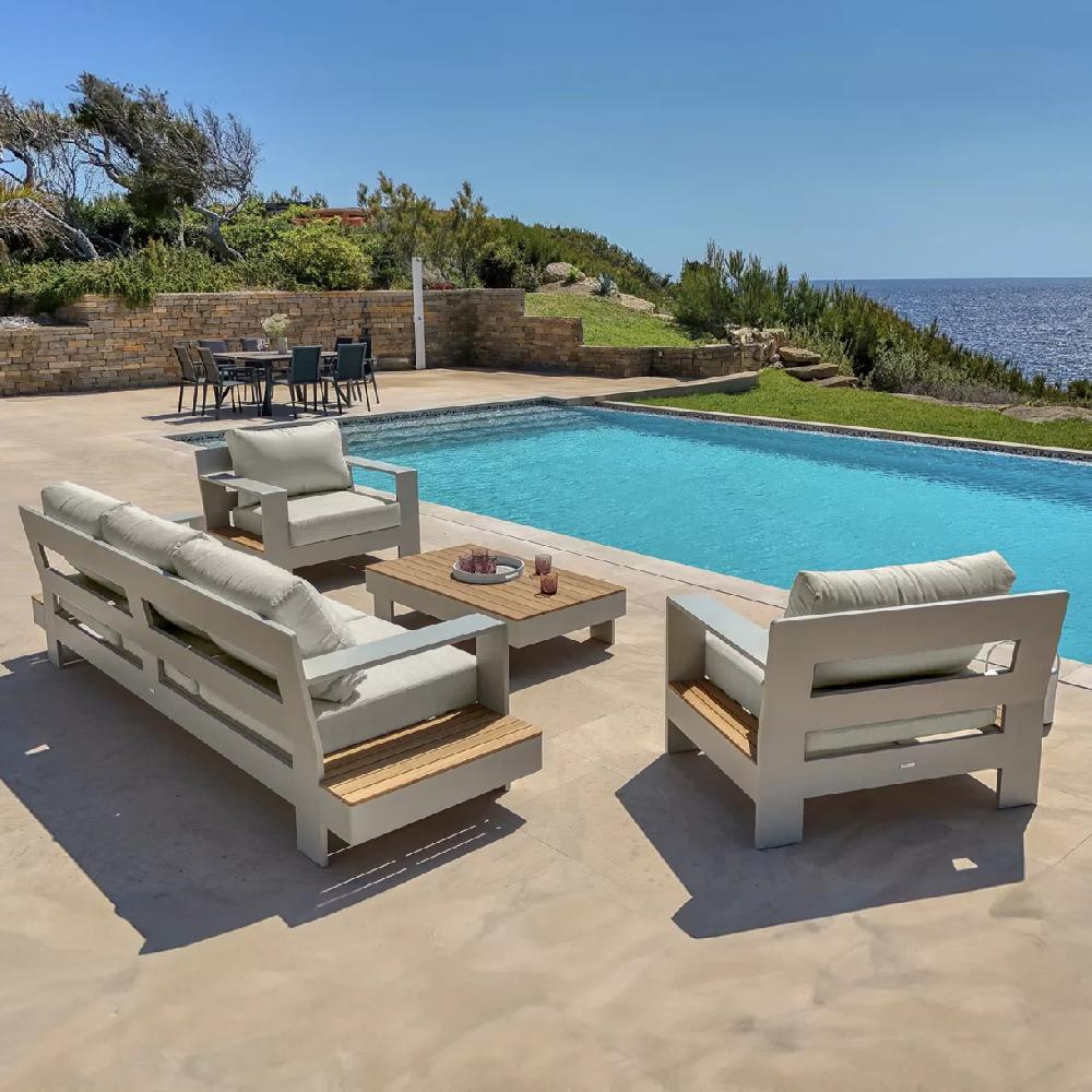 eminza Salon de jardin aluminium et bois teck 5 places Antibes Crème