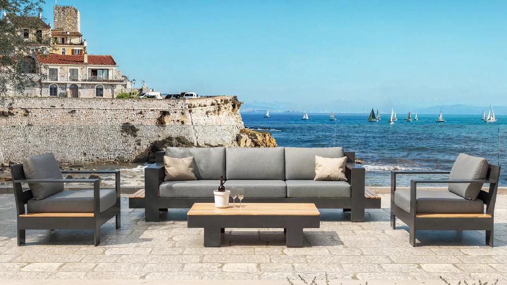eminza Salon de jardin aluminium et bois teck 5 places Antibes Gris anthracite