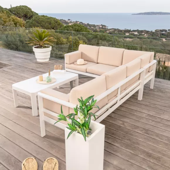 Eminza Salon De Jardin D'angle En Aluminium 6 Places Ostara Blanc Et Taupe
