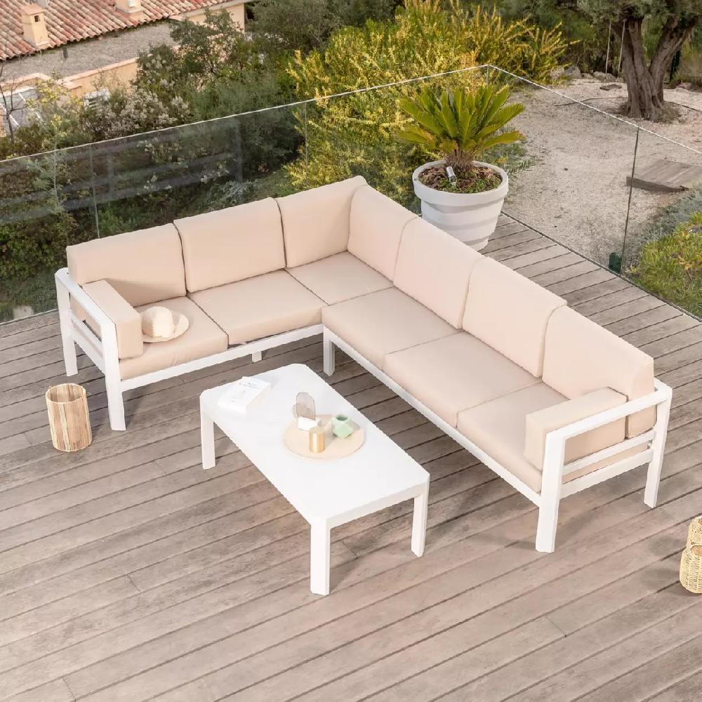 eminza Salon de jardin d'angle en aluminium 6 places Ostara Blanc et taupe