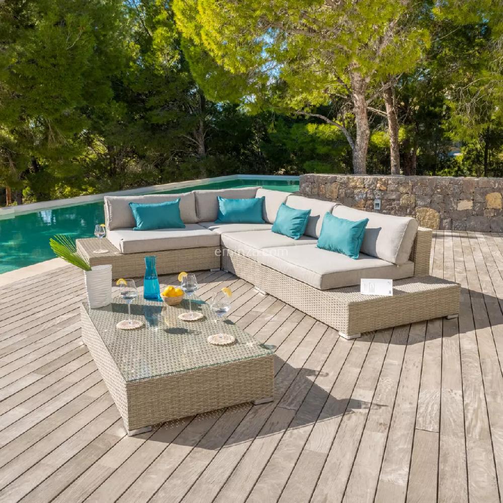 eminza Salon de jardin d'angle en résine tressée 5 places Palma Gris