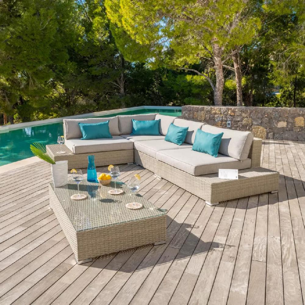 eminza Salon de jardin d'angle en résine tressée 5 places collection 2024 Palma Gris