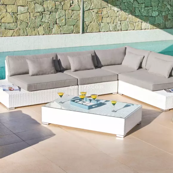 Eminza Salon De Jardin D'angle En Résine Tressée 5 Places Palma Blanc Et Taupe