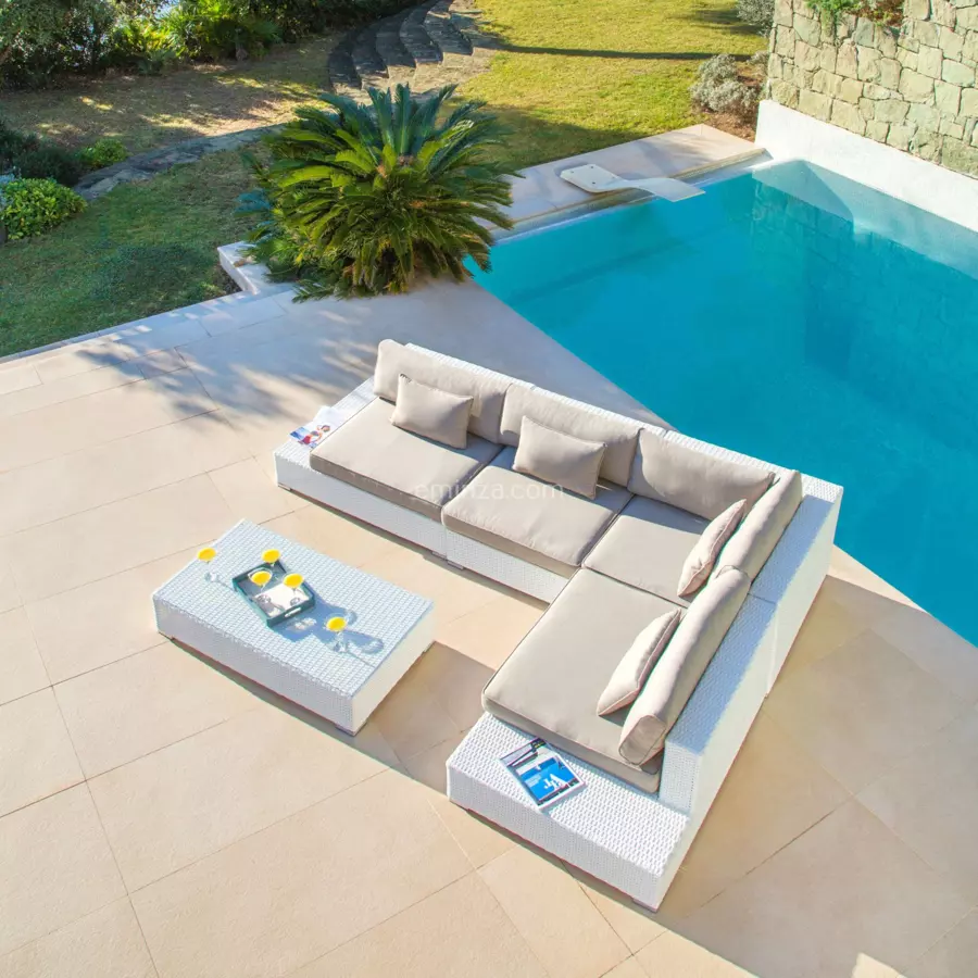 Eminza Salon De Jardin D'angle En Résine Tressée 5 Places Palma Blanc Et Taupe