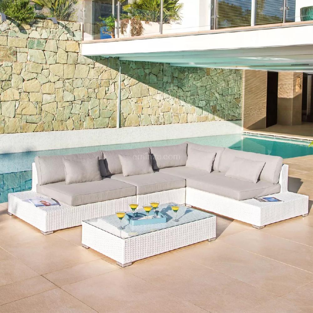 eminza Salon de jardin d'angle en résine tressée 5 places collection 2024 Palma Blanc et taupe
