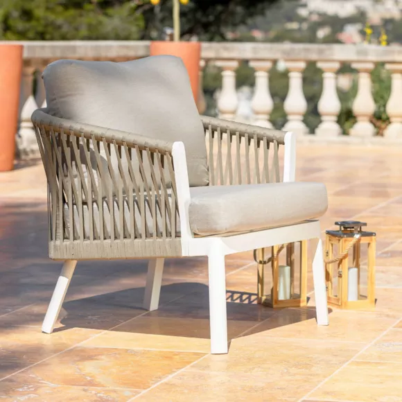 Eminza Salon De Jardin En Aluminium 7 Places 5 Pcs Amalfi Blanc Et Taupe