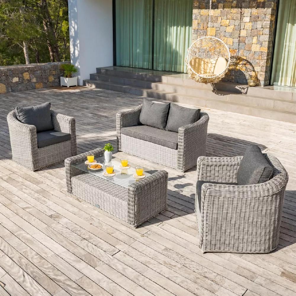 eminza Salon de jardin en résine tressée 4 places 4 pcs Calvi Gris et gris foncé