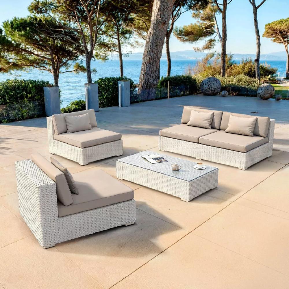 eminza Salon de jardin en résine tressée 4 places 4 pcs Palma Blanc et taupe