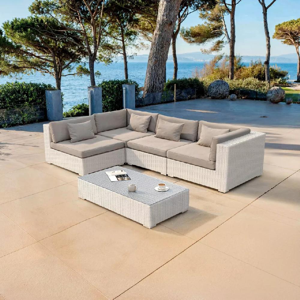 eminza Salon de jardin en résine tressée 4 places 5 pcs Palma Blanc et taupe