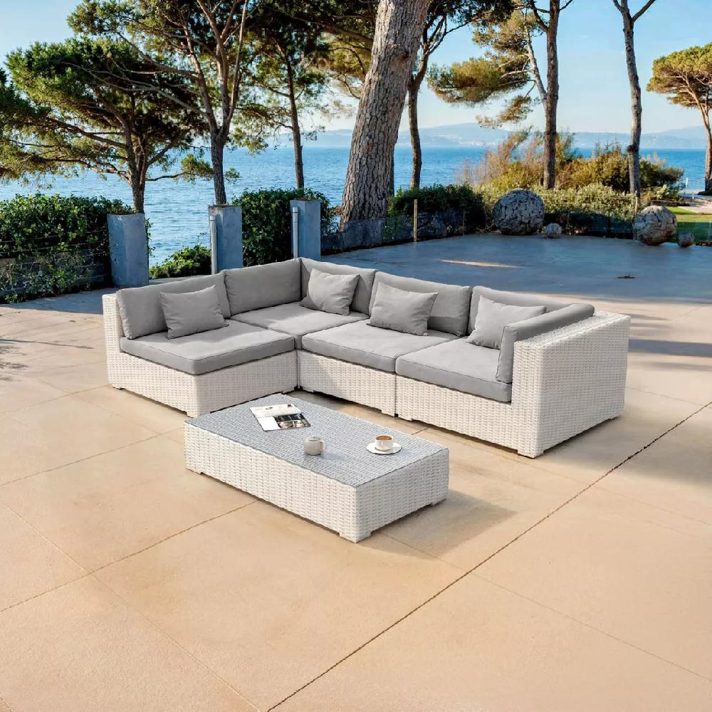 eminza Salon de jardin en résine tressée 4 places 5 pcs Palma Blanc et gris