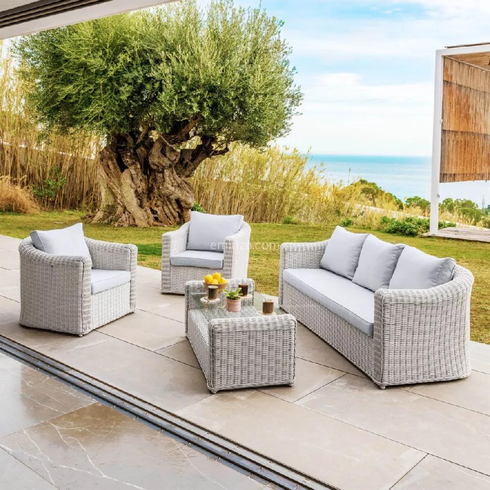 eminza Salon de jardin en résine tressée 5 places 4 pcs Calvi Blanc et gris clair