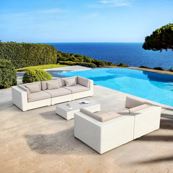 Eminza Salon De Jardin En Résine Tressée 5 Places 6 Pcs Palma Blanc Et Taupe