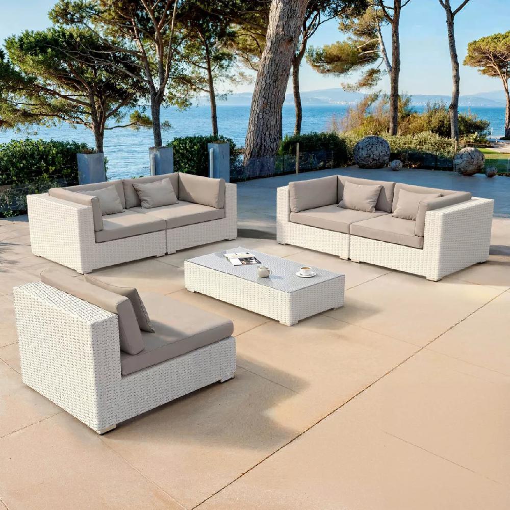 eminza Salon de jardin en résine tressée 5 places 6 pcs Palma Blanc et taupe