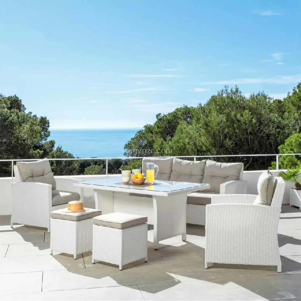 eminza Salon de jardin en résine tressée 7 places Tivoli Blanc et taupe
